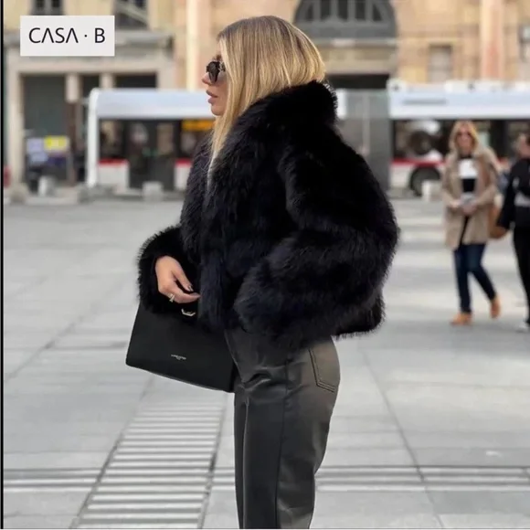 NEW💫CASA B| Heiress Black Faux Fur Jacket- Long Sleeve Lapel Collar Outerwear - Picture 4 of 7